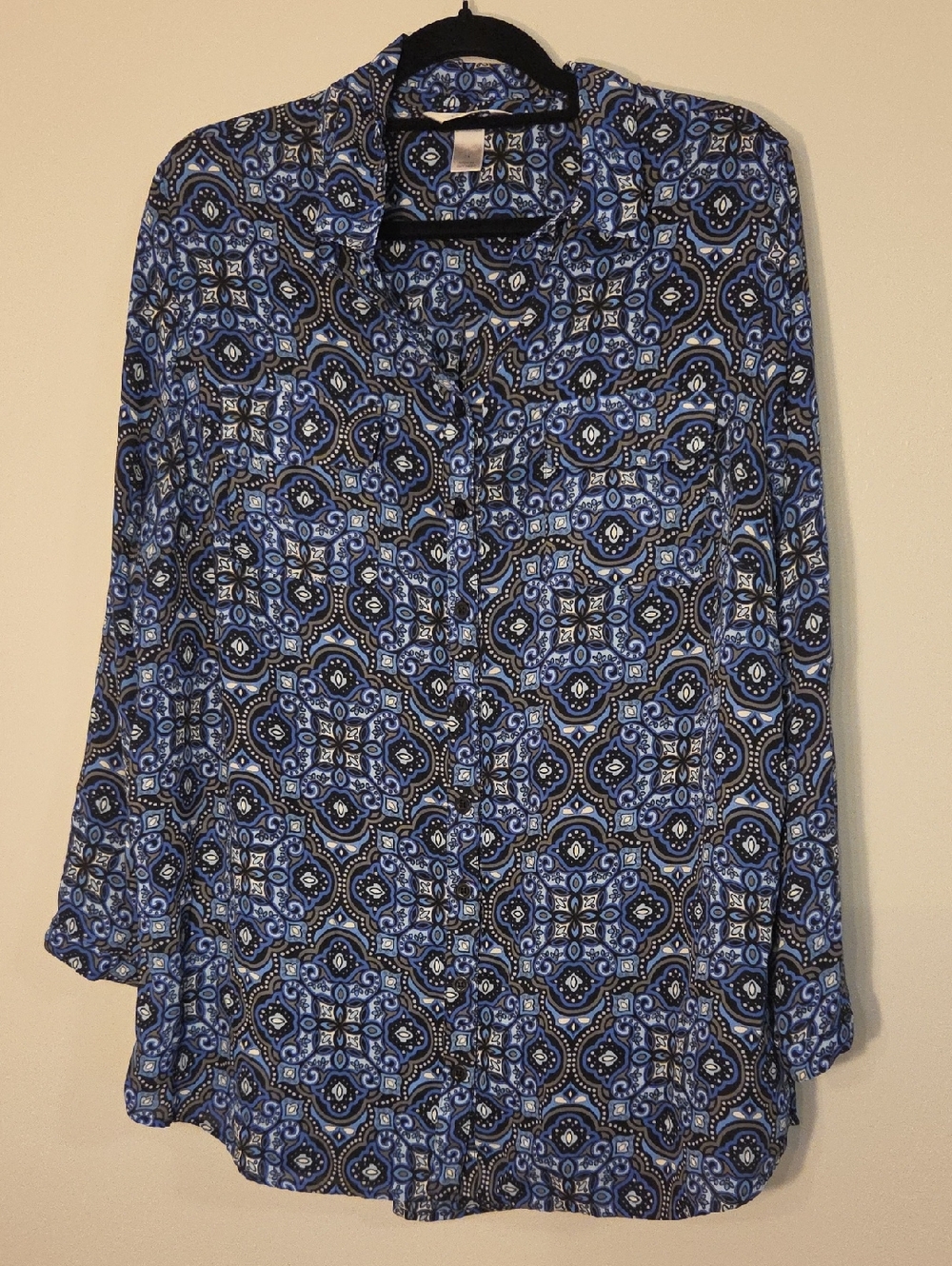 CJ Banks Blue & Black Paisley-Style Button Front Top
